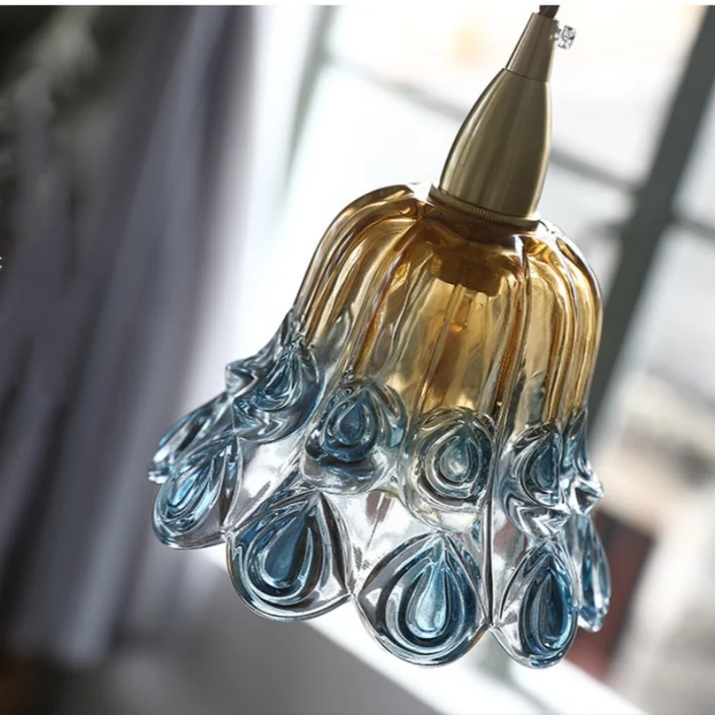 Copper Socket LED Pendant Light with Phenix Glass Shade, Adjustable Hanging Lamp