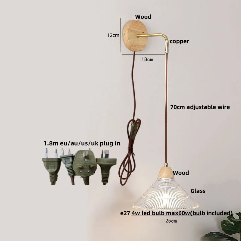 Clear Glass LED Wall Lights with Wood Pull Chain Switch, Modern Art Bedside Lamp