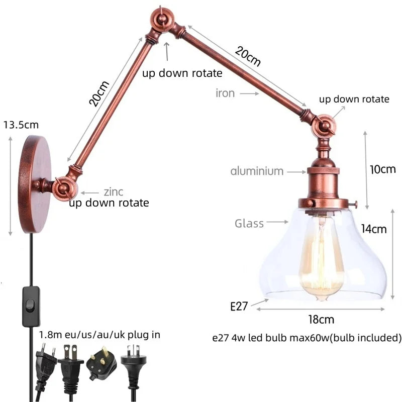 Vintage Loft LED Wall Light - Industrial Glass Iron Lamp