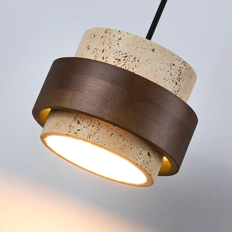Yellow Travertine LED Wall Lamp Pull Chain Switch Stone Wood Modern Light