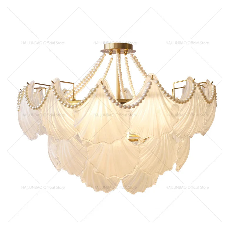 Pearl Crystal Chandelier for Dining Living Bedroom, Elegant French Shell Glass Light