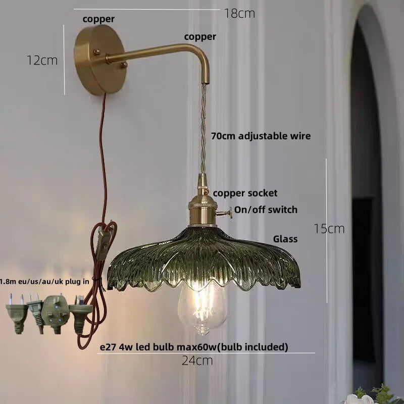 Amber Vintage LED Wall Light Glass Copper Pull Chain Switch Hallway Lamp
