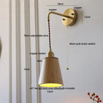 Wood LED Wall Lamp with Copper Socket & Pull Chain Switch - Adjustable Staircase Light