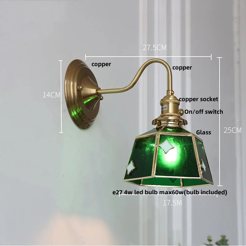 Green Glass LED Wall Sconce Copper Knob Switch Vintage Loft Stair Light