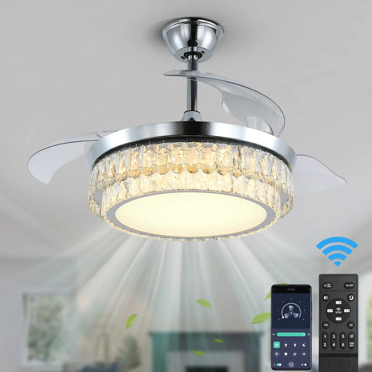Modern Crystal Chandelier Fan with Retractable Blades and Dimmable LED Light