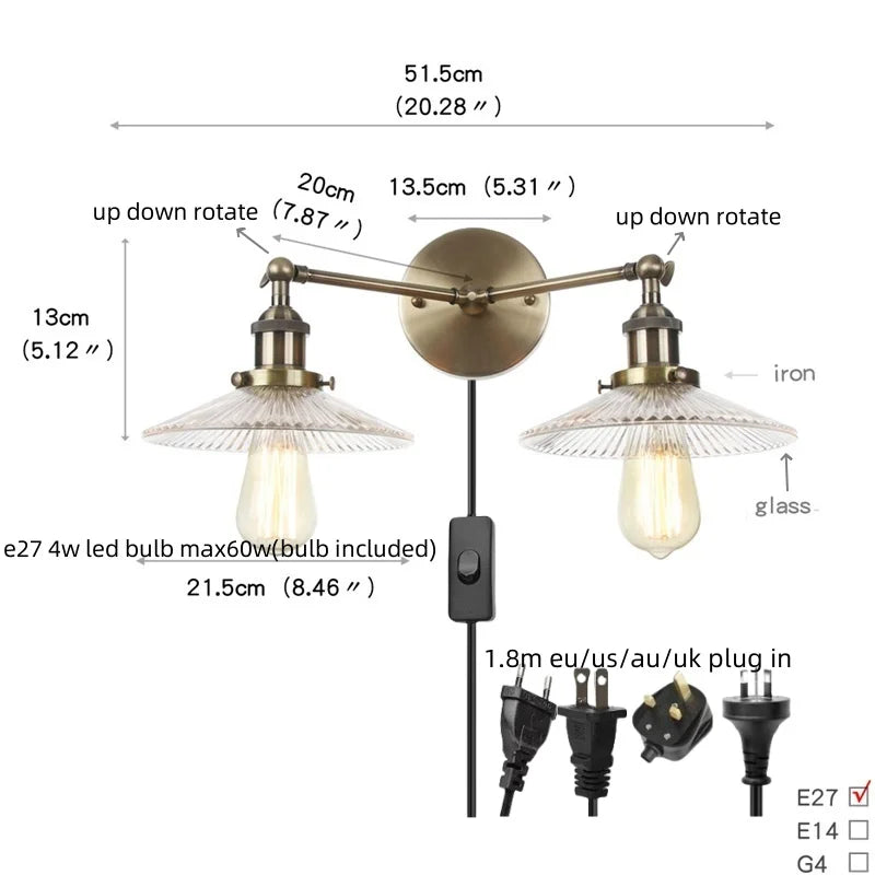 Industrial Vintage Loft 2-Light Plug In LED Wall Lamp