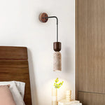 Wood LED Wall Lamp Yellow Travertine Pull Chain Switch Modern Nordic Style