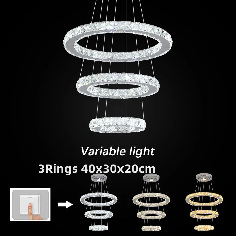 Crystal Chrome LED Pendant Light Rings Chandelier for Living Room Bedroom
