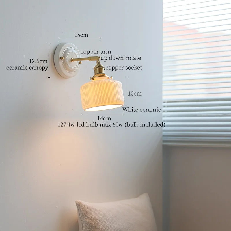 Afralia™ Copper Ceramic LED Wall Light with Pull Chain Switch for Living Room Decor.