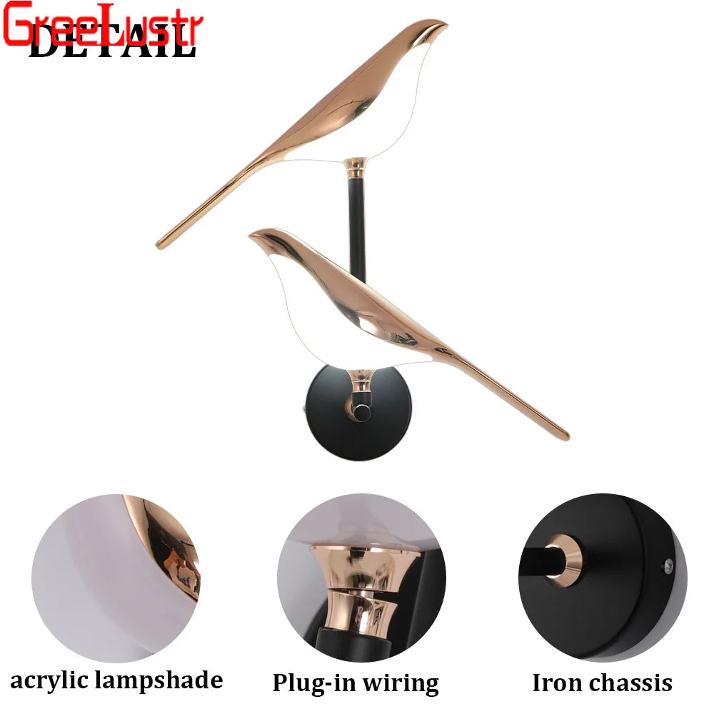 Rose Gold Nordic Bird LED Wall Sconce for Bedroom & Hallway Decor