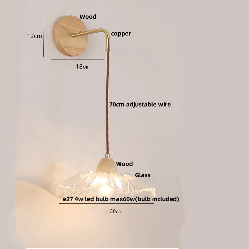 Clear Glass LED Wall Lights with Wood Pull Chain Switch, Modern Art Bedside Lamp