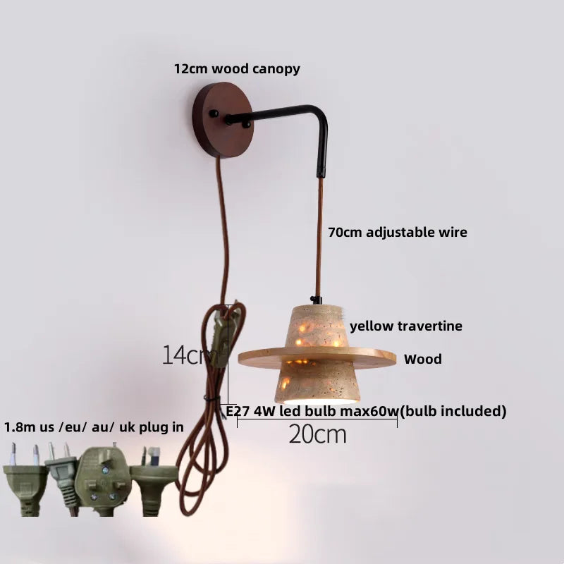 Yellow Travertine LED Wall Lamp Pull Chain Switch Stone Wood Modern Light