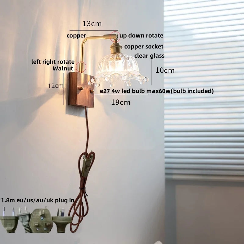 Walnut Glass LED Wall Light: Modern Brass Rotatable Bedside Lamp