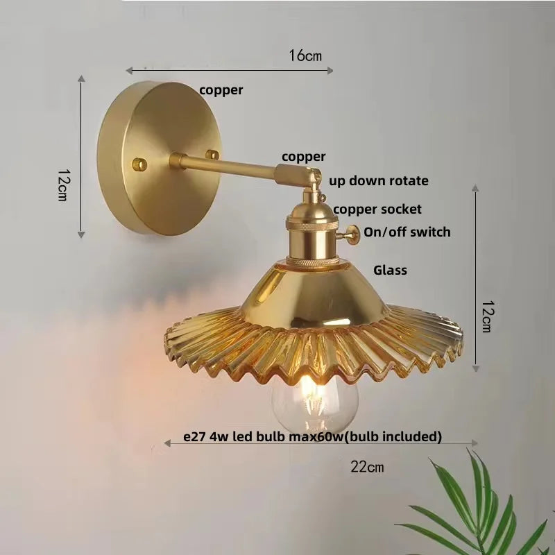 Vintage Green Glass LED Wall Light with Pull Chain Switch