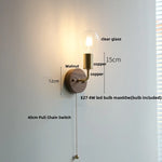 Walnut Wood LED Wall Light with Pull Chain Switch & Clear Glass Sconce