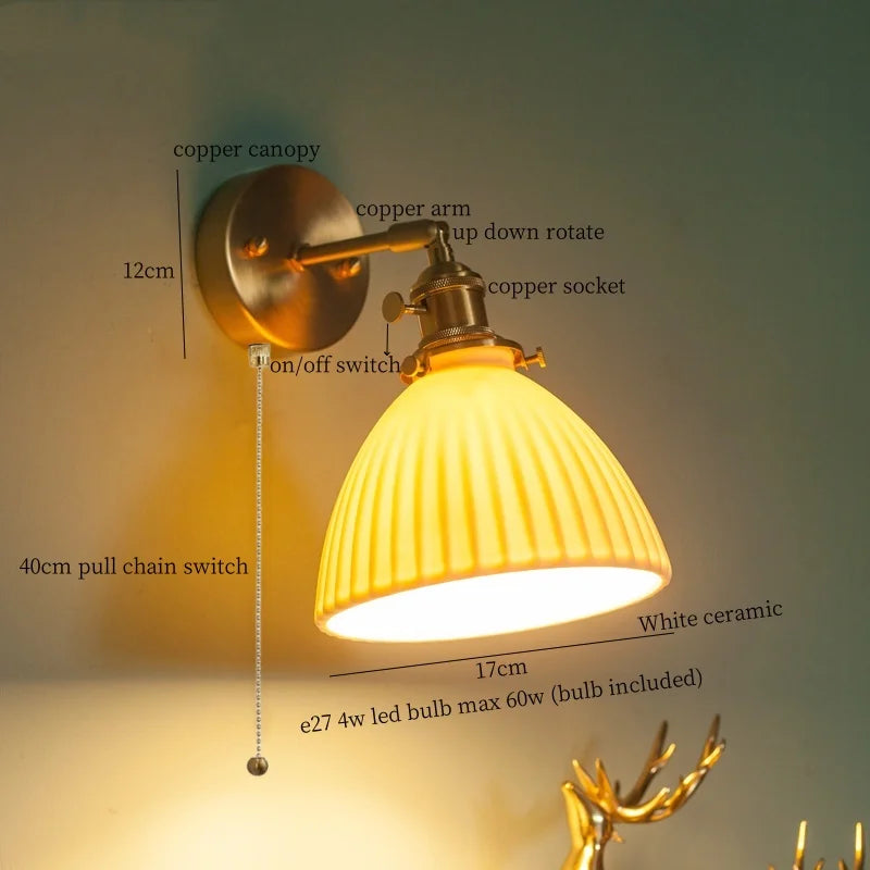 Afralia™ Brass Ceramic LED Wall Light | Nordic Modern Bedside Lamp for Bedroom, Bathroom, and Sofa