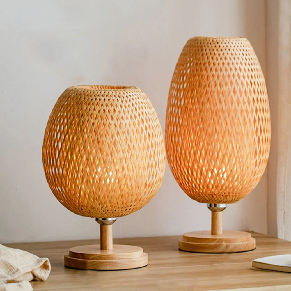 Handcrafted Bamboo Table Lamp with Wood Rattan Lampshade