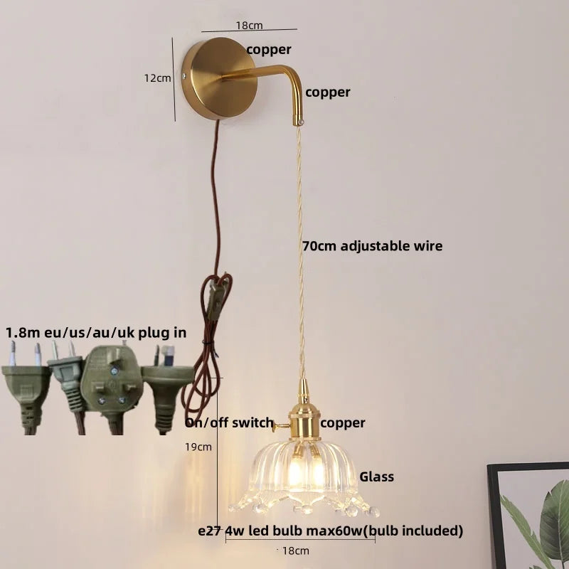 Copper LED Glass Wall Sconce with Pull Chain Switch for Living Dining Room