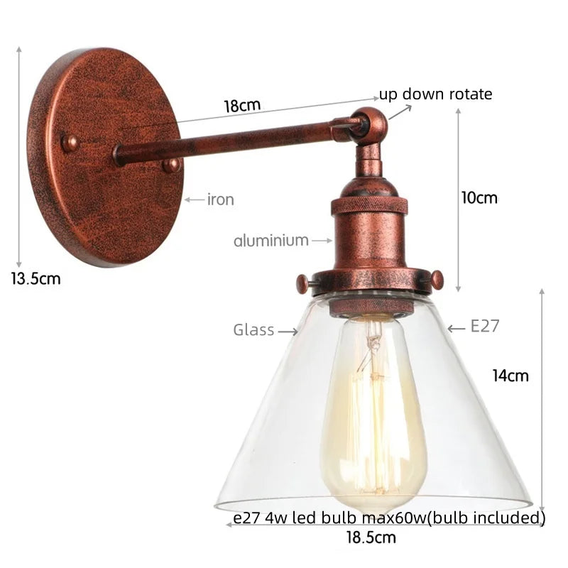 Vintage Industrial LED Wall Sconce Clear Glass Bathroom Lamp