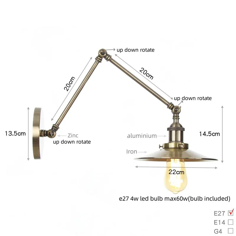 Vintage Industrial Long Arm Adjustable LED Wall Sconce Pull Chain Switch Bedside Lamp