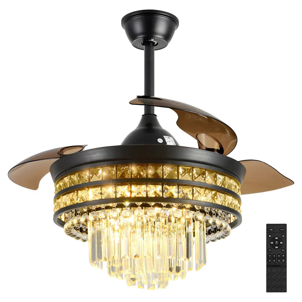 Crystal Fandelier Ceiling Fan with Retractable Chandelier & Invisible Blades