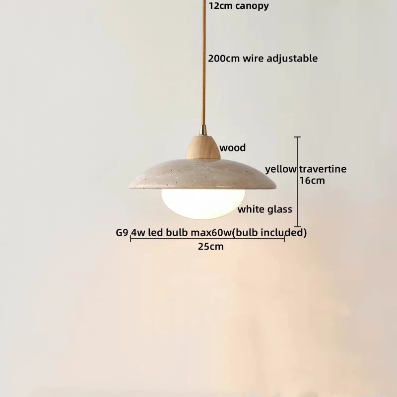 Yellow Travertine Wood Canopy Pendant Lights - Japanese Style Adjustable Globe LED Hang Lamp
