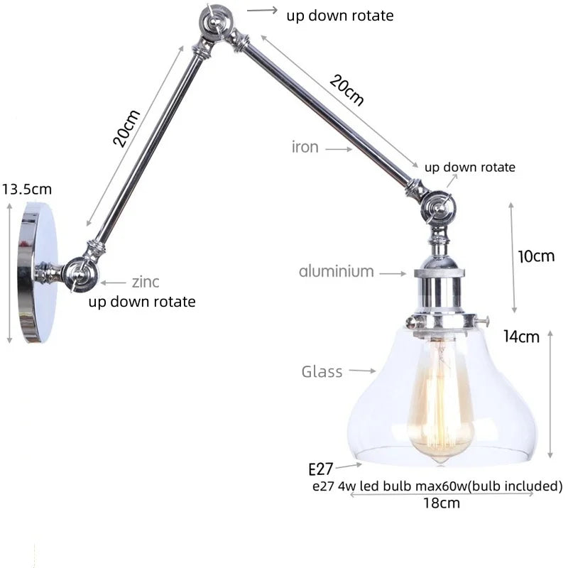 White Glass Swing Arm LED Wall Sconce for Industrial Loft, Coffee, Hallway
