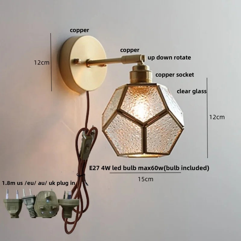 Glass LED Wall Light with Pull Chain Switch, Rotating Japanese Style Bedside Lamp