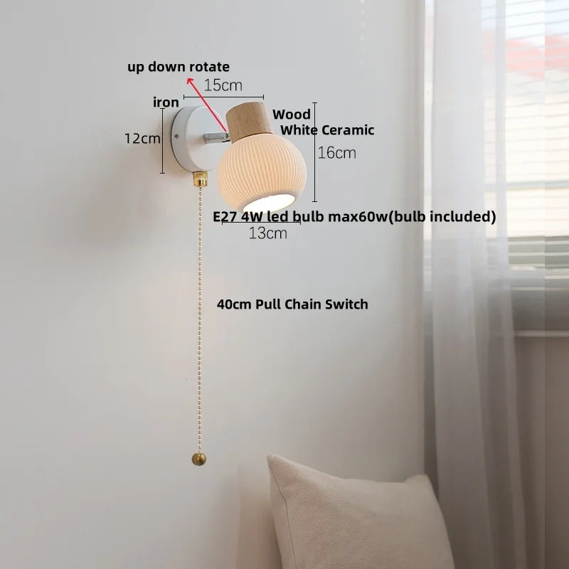 Afralia™ White Ceramic LED Wall Light with Pull Chain Switch and Wood Base