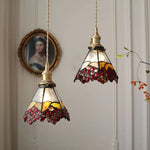 Walnut Wood LED Pendant Light Fixture Wine Red Glass Vintage Brass Hang Lamp