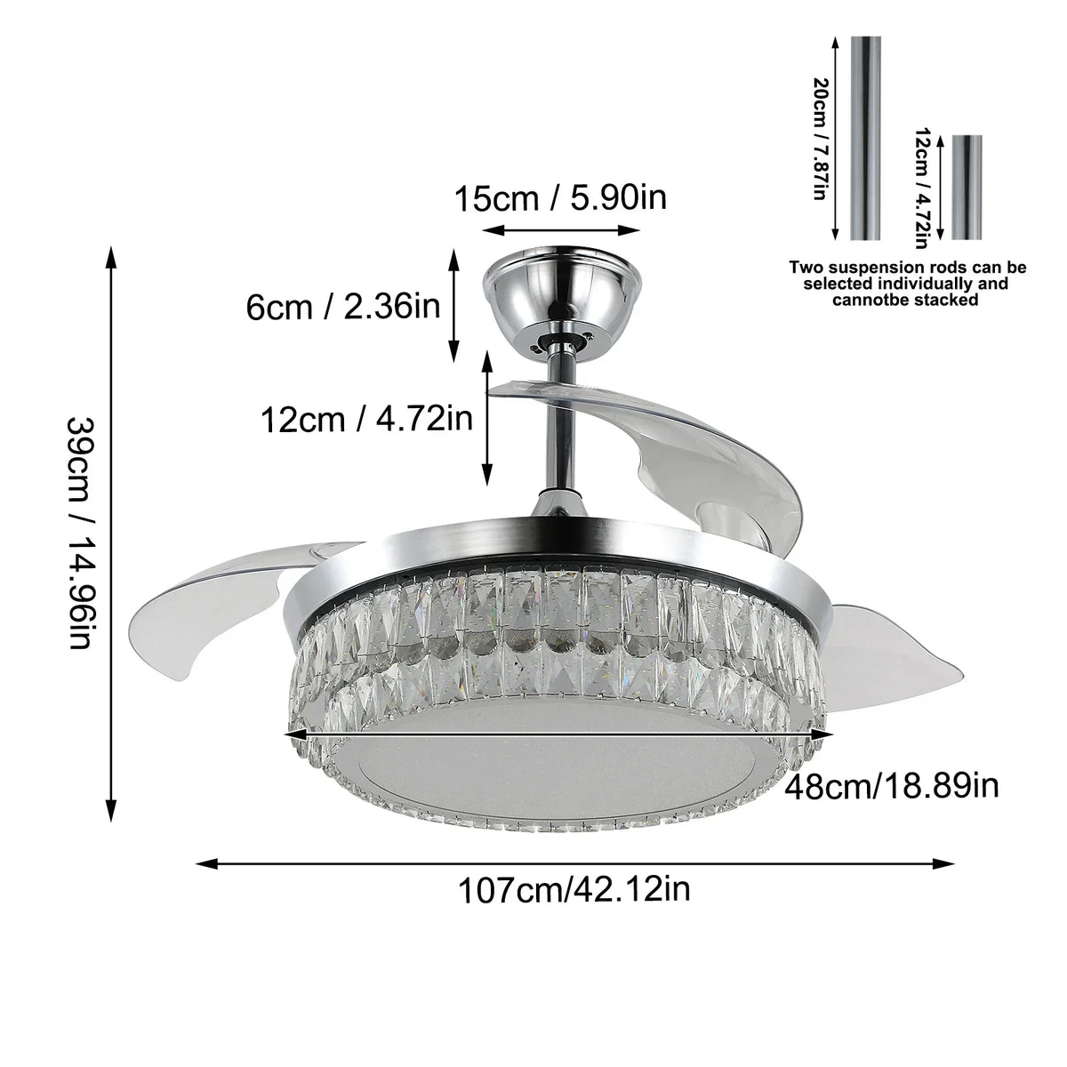 Modern Crystal Chandelier Fan with Retractable Blades and Dimmable LED Light