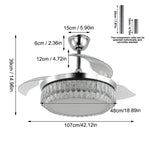 Modern Crystal Chandelier Fan with Retractable Blades and Dimmable LED Light
