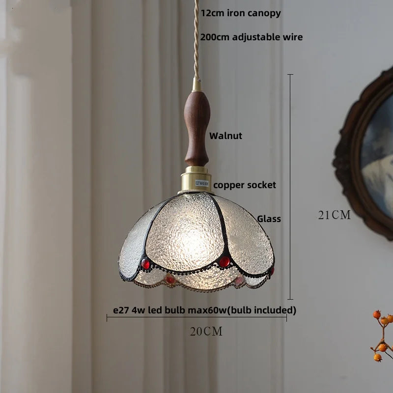 Walnut Wood LED Pendant Light Fixture Wine Red Glass Vintage Brass Hang Lamp
