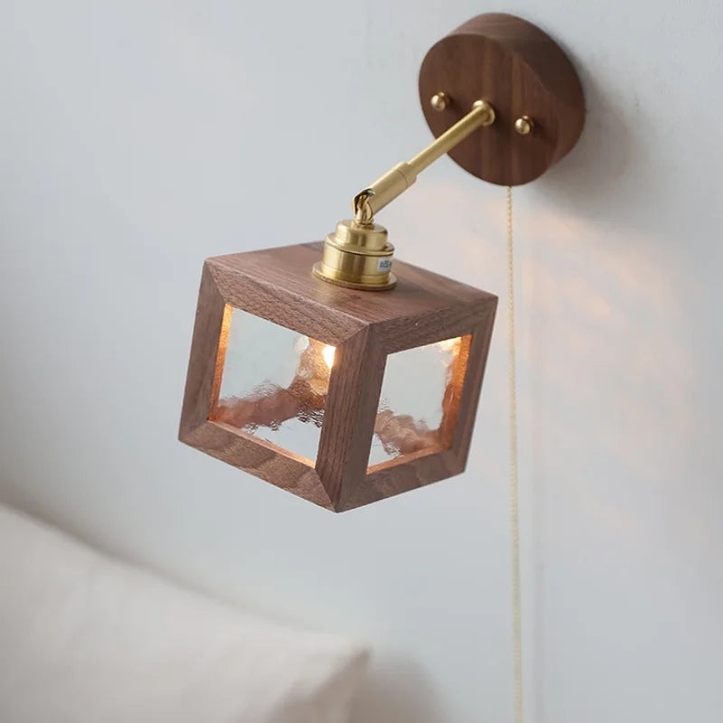 Clear Glass LED Wall Light Fixture Walnut Wood Pull Chain Switch Nordic Modern Wall Lamp