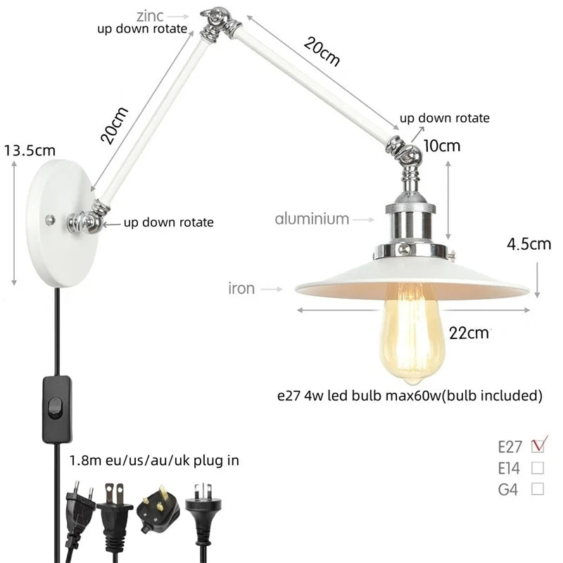 Vintage Industrial Long Arm Adjustable LED Wall Sconce Pull Chain Switch Bedside Lamp