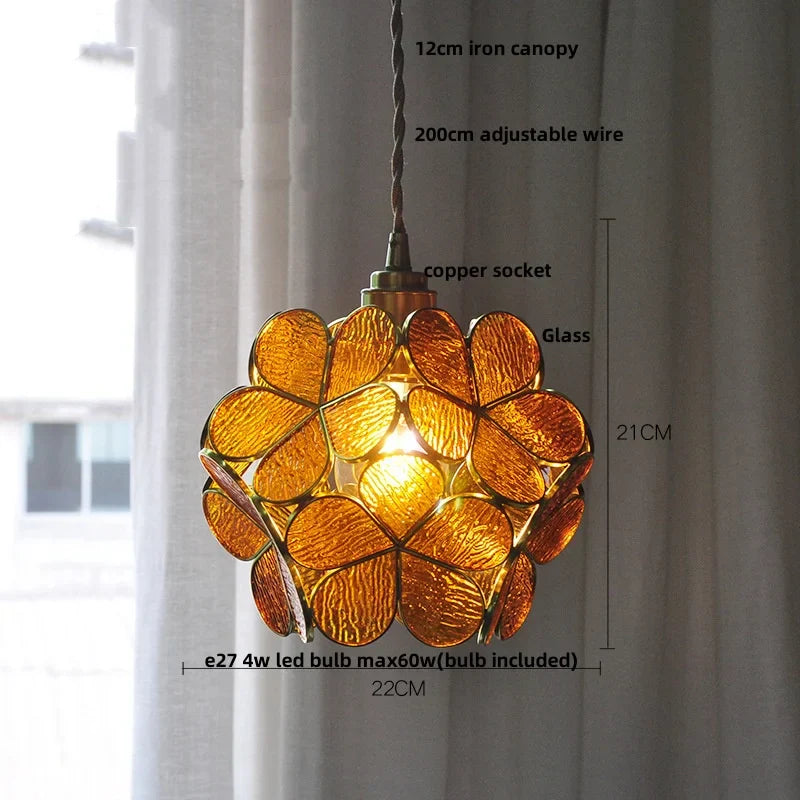 Flower Glass Pendant Lamp E27 Copper Hanging Light - Adjustable 200cm Wire