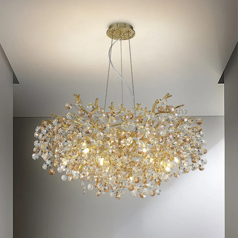 Sun Crystal Gold Lustre Chandelier: Nordic Villa Restaurant LED Ceiling Lamps