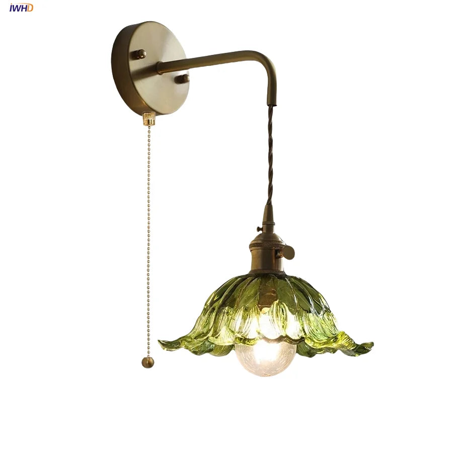 Glass & Copper Green Flower LED Wall Sconce with Pull Chain