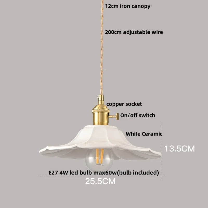 White Ceramic LED Pendant Lamp with Copper Switch - Flower Hanging Light