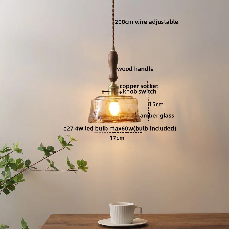 Wood Copper LED Pendant Light - Nordic Hanging Lamp for Bedroom Dining Hallway