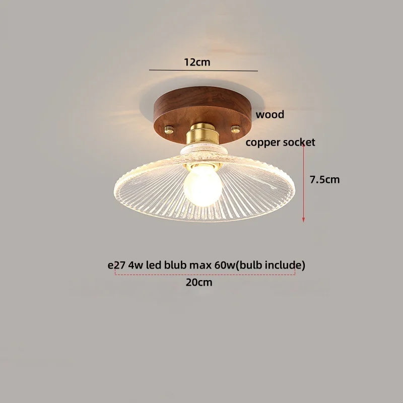 Nordic LED Ceiling Light Amber Glass Wood Brass Flush Mount Lamp