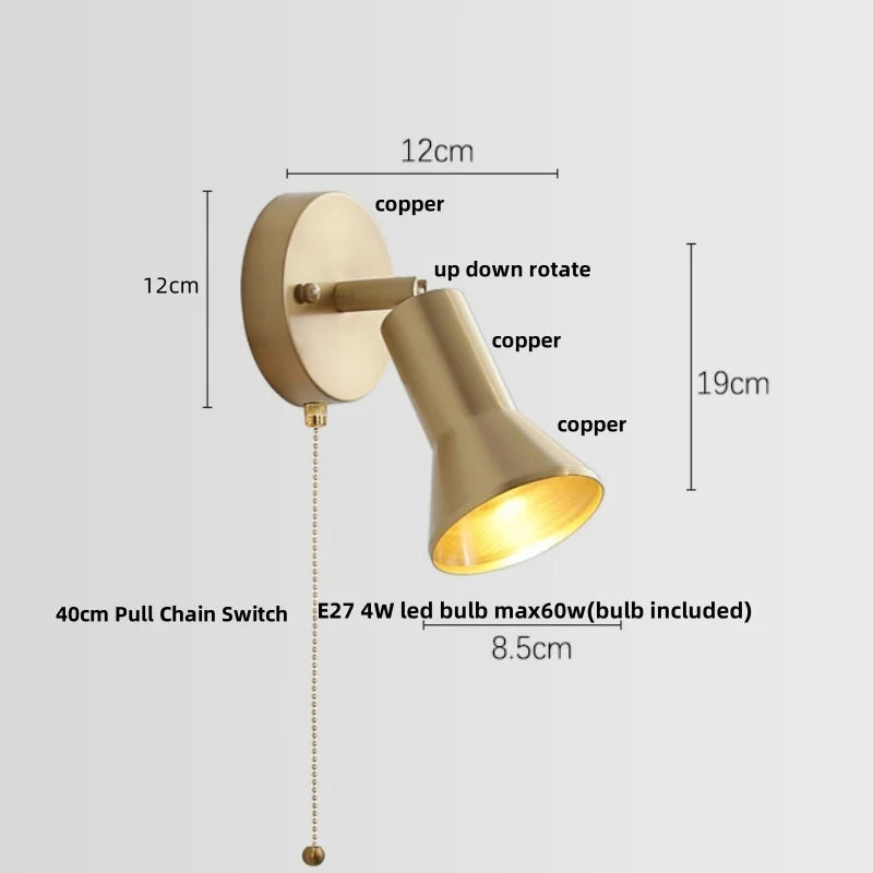 Copper Wall Light with Pull Chain Switch, Modern Nordic Design