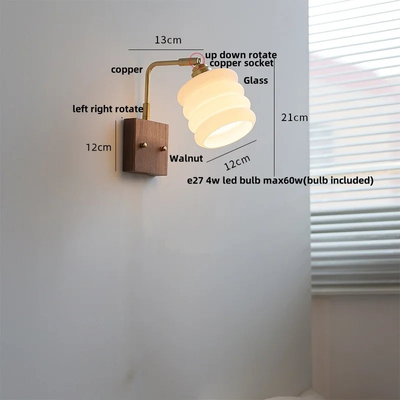Walnut Wood LED Wall Sconce Rotatable Glass Bedside Lamp Nordic Modern