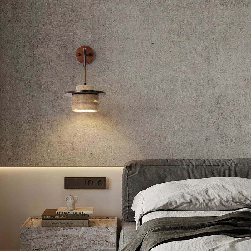 Yellow Travertine Stone Wood Wall Sconce LED Light Fixture, Modern Nordic Design