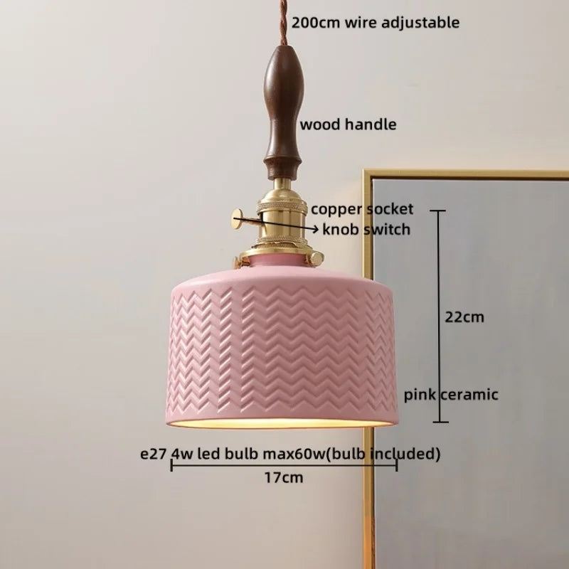 Ceramic Wood Pendant Light - Nordic Modern LED Hanging Lamp for Home Decor