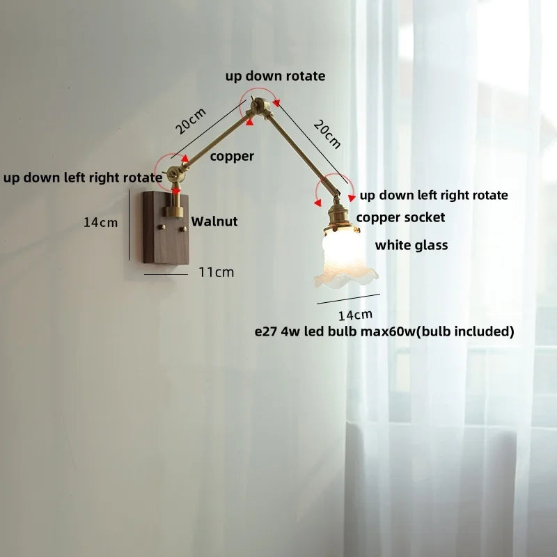 Yellow Glass LED Wall Sconce Walnut Wood Bedside Lamp