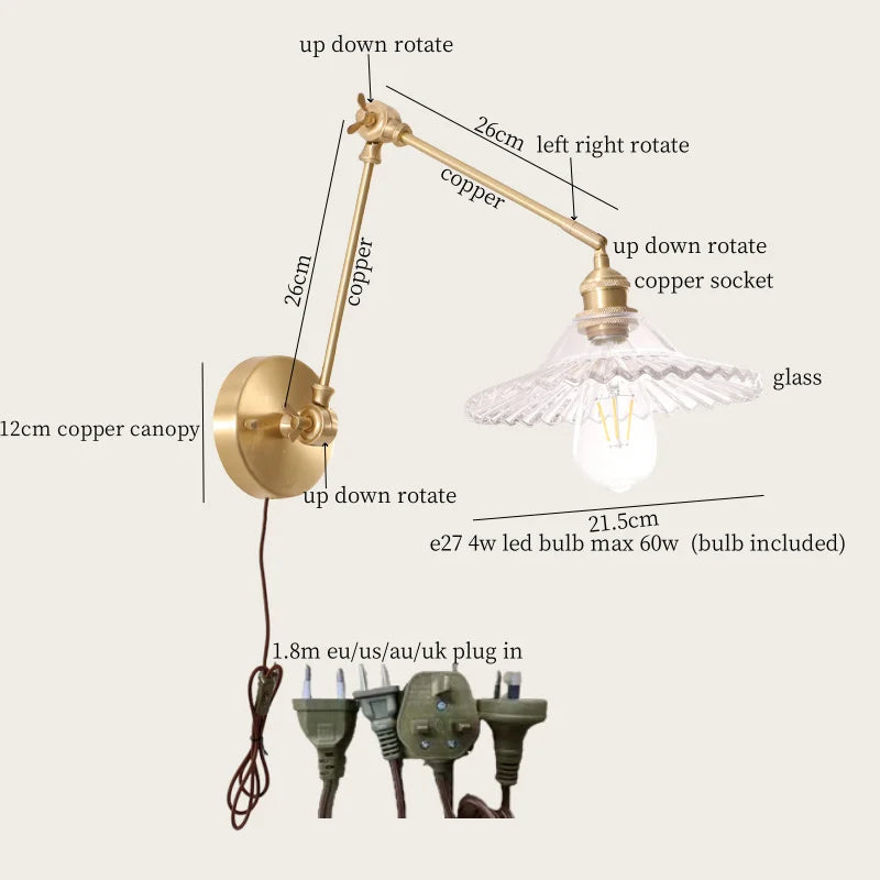 Afralia™ Cream Resin LED Wall Lights with Pull Chain Switch - Vintage Copper Bedside Lamp