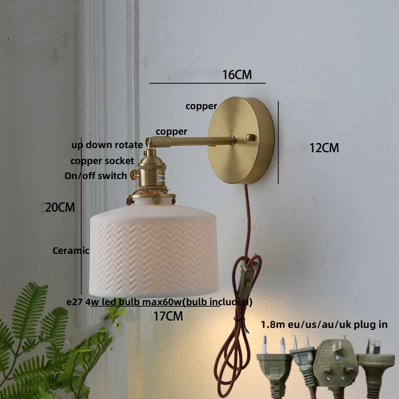 Copper LED Sconce Wall Lamp Pull Chain Switch Nordic Modern Ceramic Mirror Light