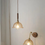 Amber Glass LED Pendant Lamp with Walnut Wood Accent - Modern Nordic Hanging Light