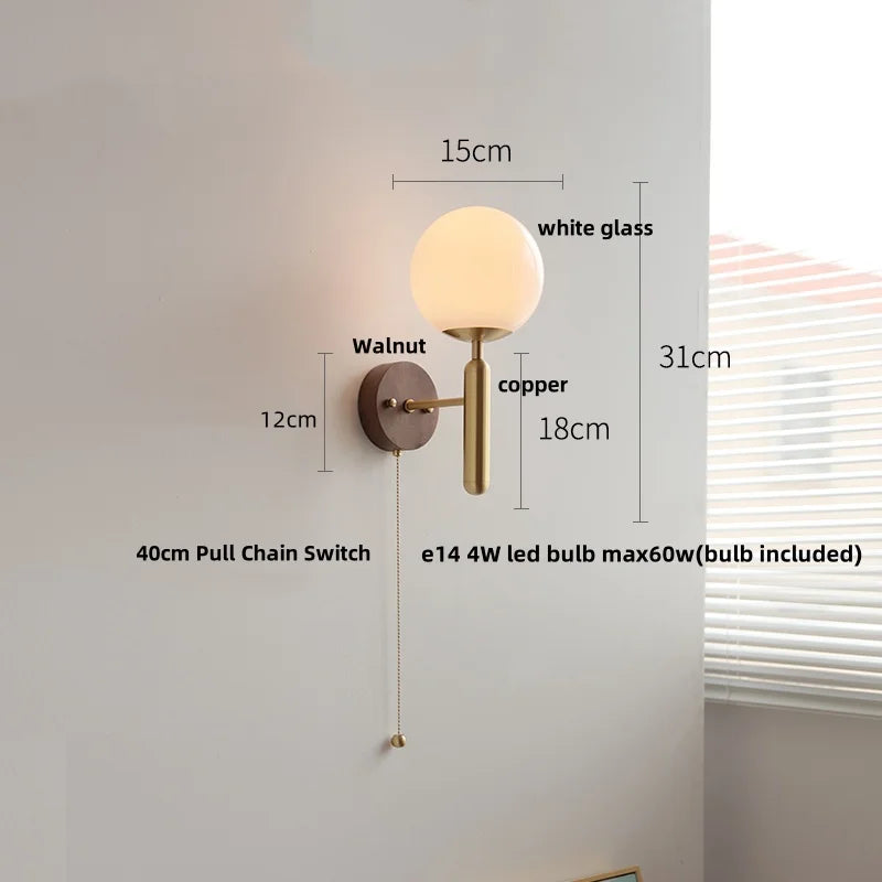 White Glass LED Wall Sconce with Pull Chain Switch, Modern Copper Base Mirror Light